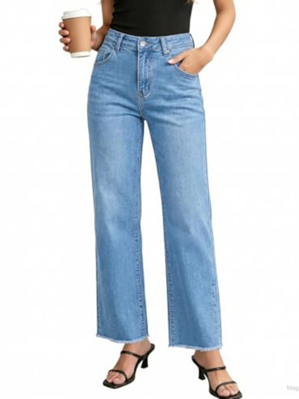 High Waisted Straight Leg Jeans with Frayed Raw Hem, Stretchy Denim Casual Pants